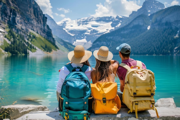 Photo a couple sitting on the edge of an alpine lake each other with their backpacks the woman is wearing