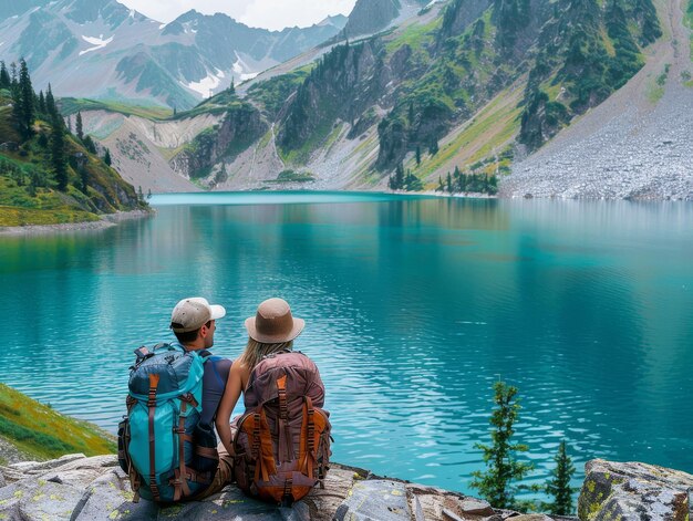 Photo a couple sitting on the edge of an alpine lake each other with their backpacks