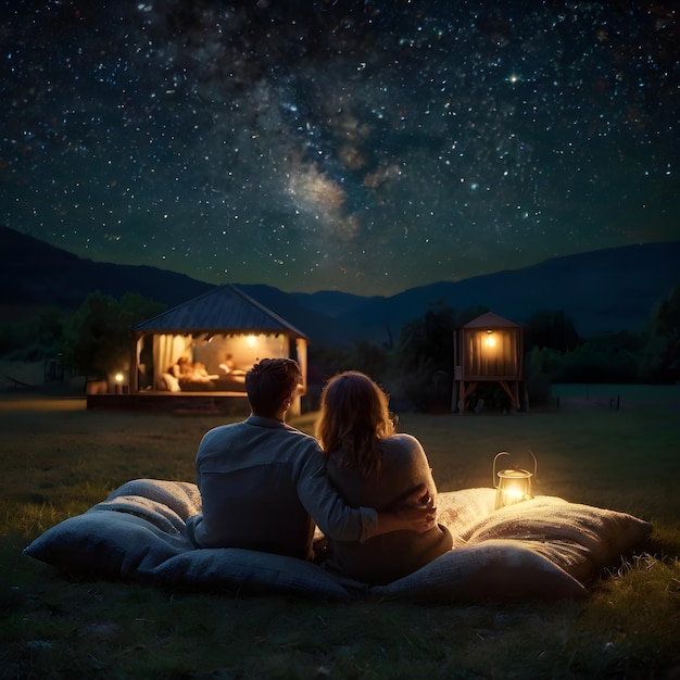 Photo a couple sitting in front of a tent under a starry sky