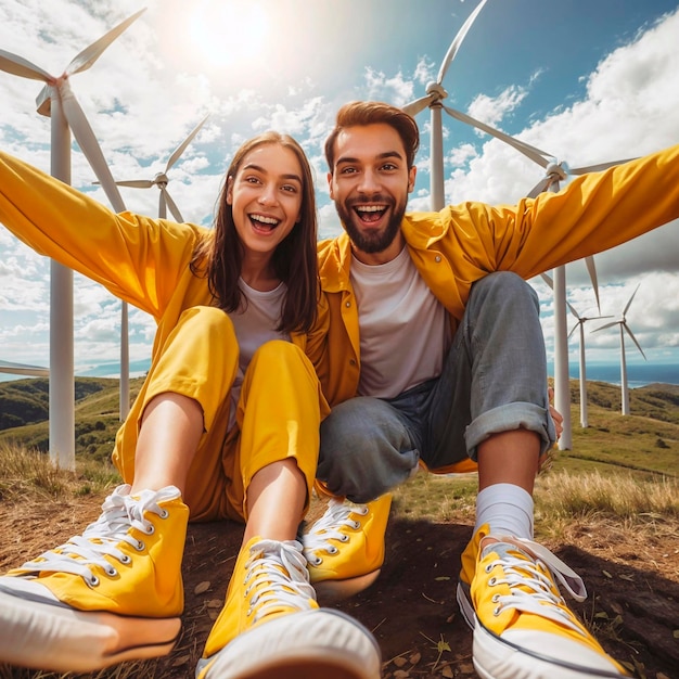 a couple sitting on the ground with the sun behind them