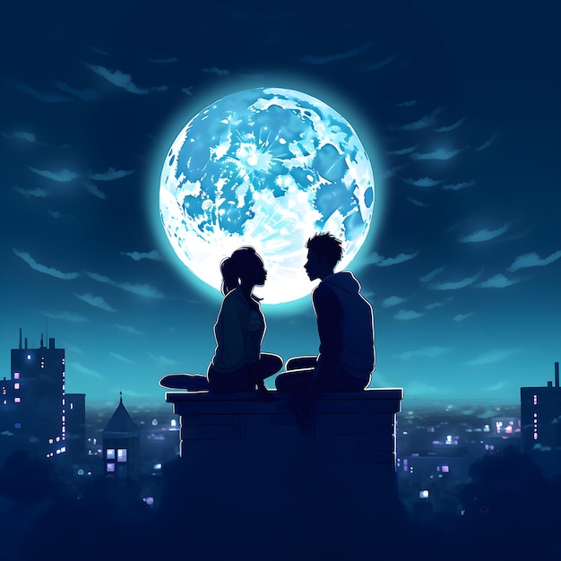 A couple sitting on a ledge looking at the moon