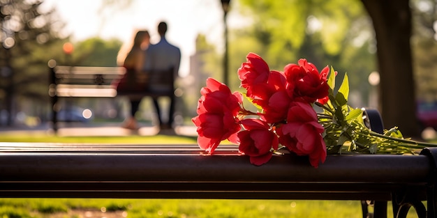 A couple sitting on a park bench with a view of the city couple park bench city view