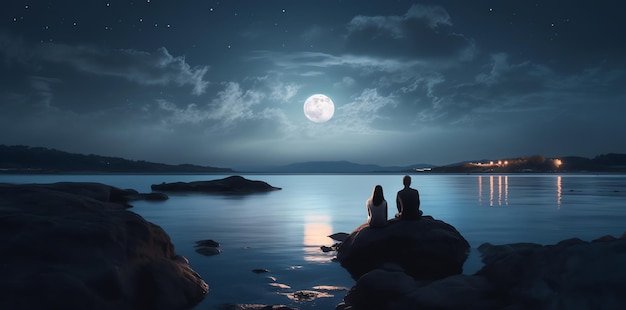 A couple sitting on a rock looking at the moon