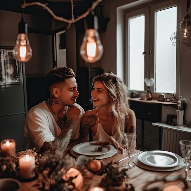 A couple sitting at a table in a dark room with a light bulb hanging above them