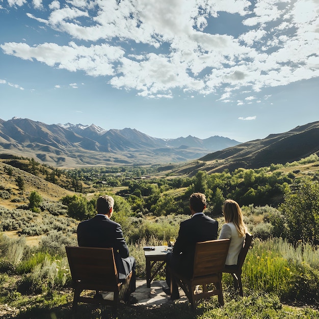 Photo couple sitting at table and looking at mountains on background back view