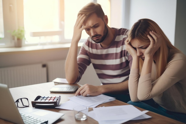 Couple sitting at a table visibly frustrated while sorting through financial documents and bills