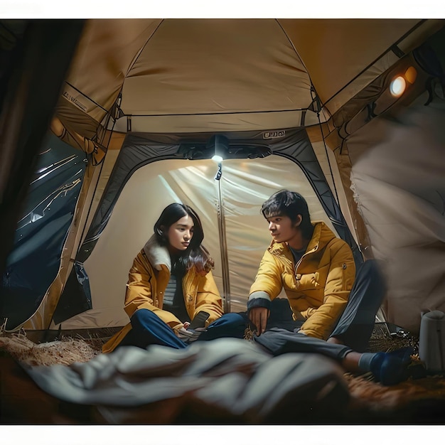 Photo a couple sitting in a tent captured beautifully