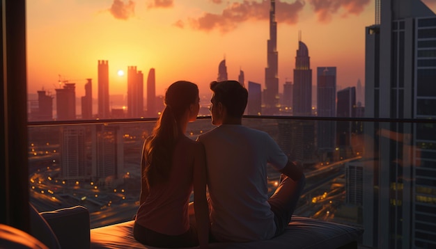 a couple sitting and view Dubai buildings lovely couple in Dubai sun setting