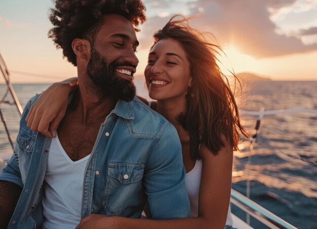 a couple sitting on the yacht and enjoying a romantic time against in waving ocean beautiful sea background