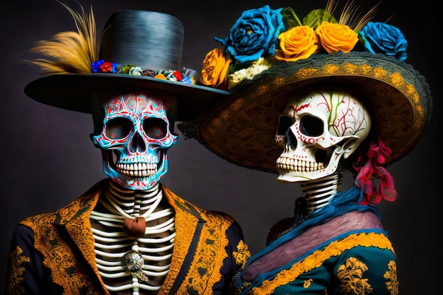 Couple of skeletons dressed up in mexican costumes Generative AI