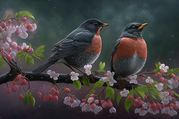 Couple of small birds on a flowered peach branch with mild mist Love concept Generative AI