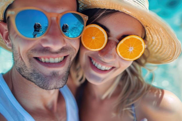 A couple smiles for the camera wearing sunglasses The woman is wearing a straw hat and orange slices as sunglasses