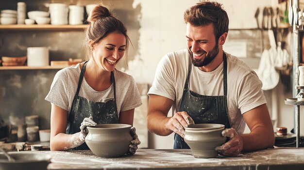 Photo a couple smiles and laughs while working on pottery in a studio