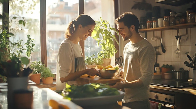 A couple smiling at each other while cooking together in a bright kitchen