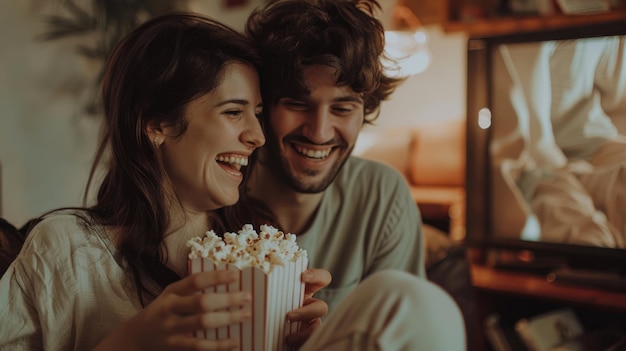 Photo a couple smiling and holding popcorn in their hands