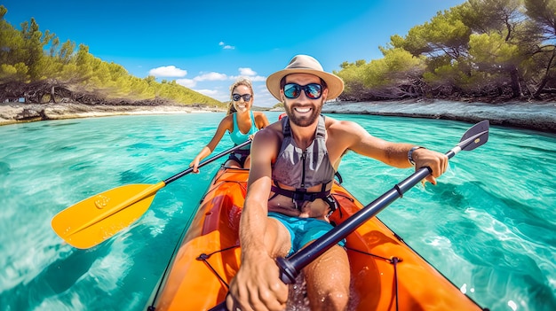 Couple smiling and kayaking on their vacation on a river or sea