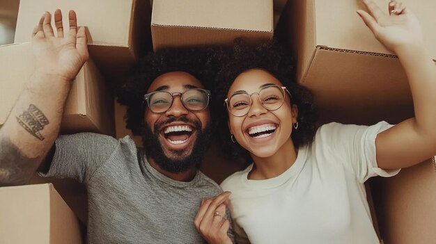 a couple smiling and laughing in a box