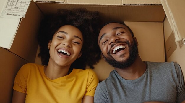 a couple smiling and laughing in front of a cardboard box