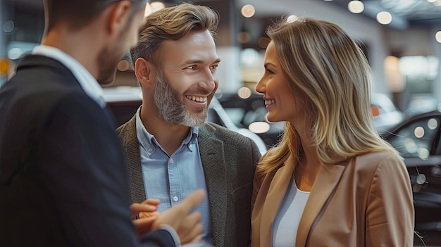 Photo couple smiling and talking to a salesperson in a car dealership