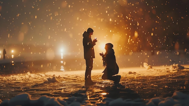 a couple in the snow with a light on the background