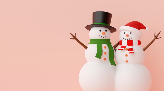 Couple of snowman on a pink background 3d rendering