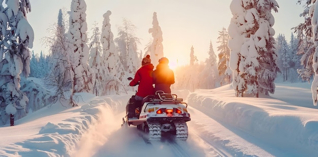 Photo couple on a snowmobile navigating through a snowcovered forest experiencing the excitement