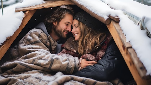 A couple snuggled up in a blanket fort with fairy lights couple blanket fort fairy lights