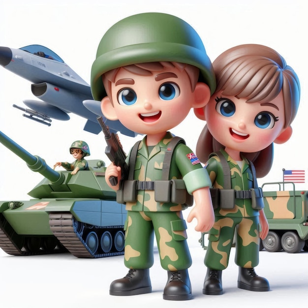 a couple of soldiers with a military jet in the background