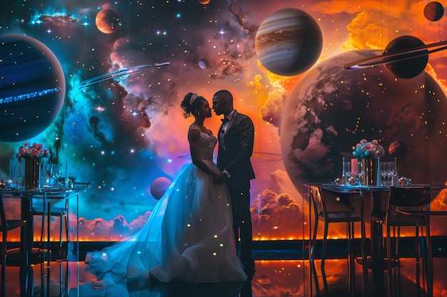 Photo a couple in a space with a space background that has stars and planets