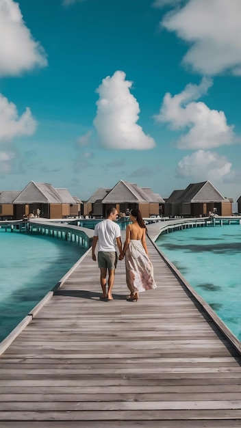 Photo couple spending romantic beach vacation holidays at luxurious resort in maldives with turquoise sea