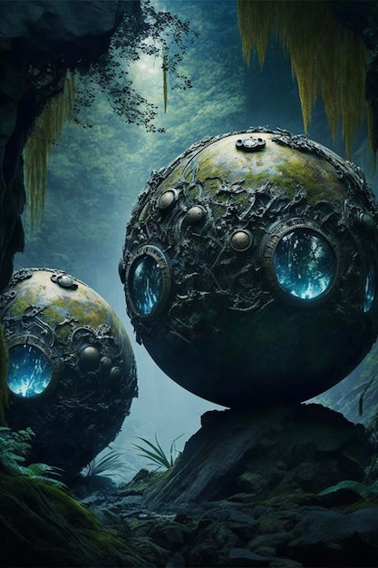 Couple of spheres sitting on top of a lush green forest generative ai