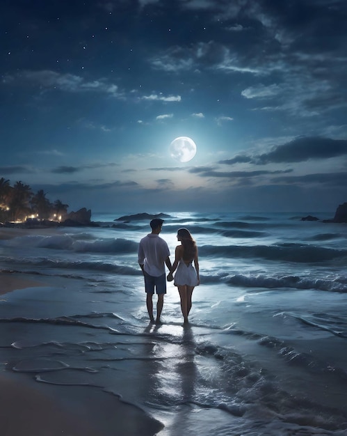 a couple stand on the beach and look at the moon