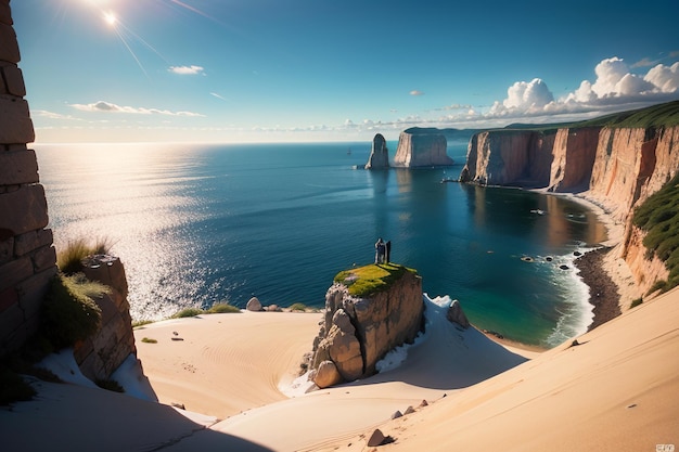 A couple stand on a cliff overlooking the ocean.