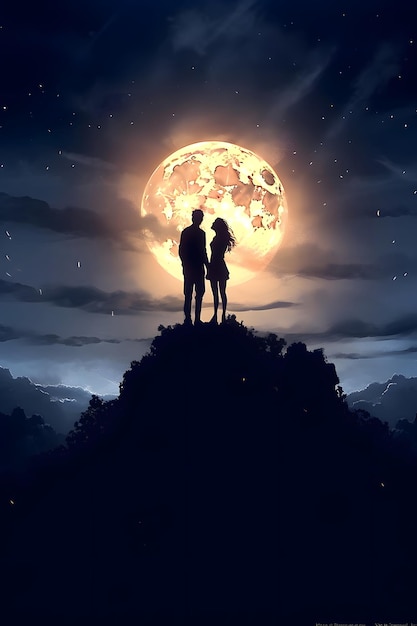 Photo a couple stand on a hill with a full moon in the background