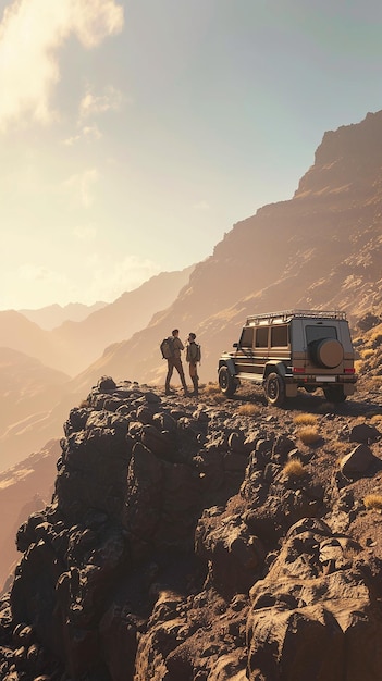 Photo a couple stand on a mountain top with a car parked in front of them