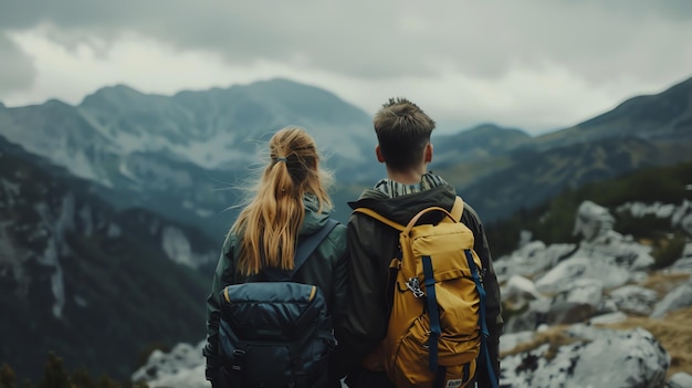 A couple stand sidebyside with backpacks on looking out at a mountainous landscape