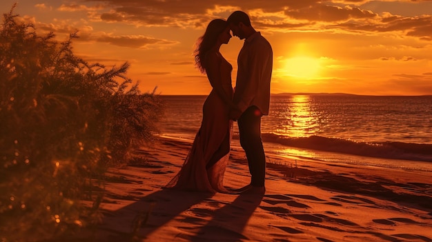 A couple standing on the beach with the sun setting behind them