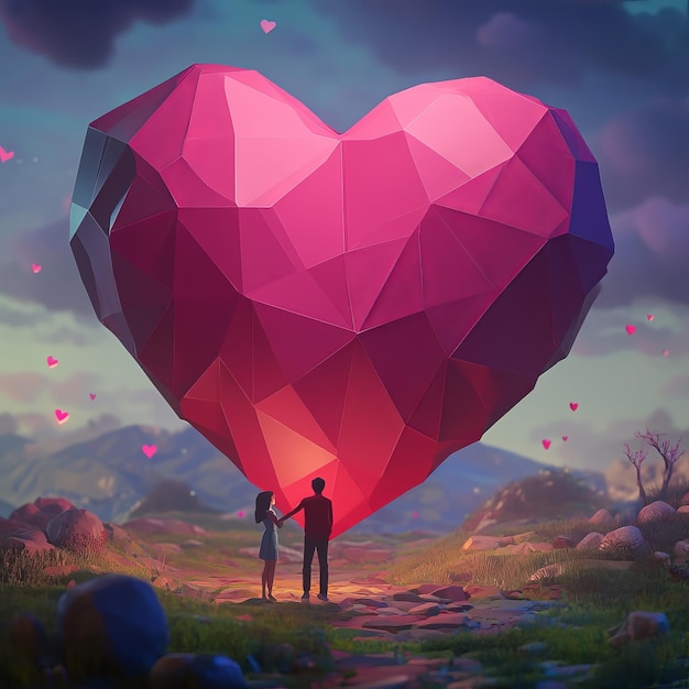 Couple standing beneath a large heartshaped polygonal sculpture in a field with a twilight sky