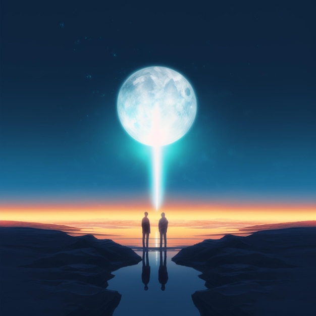 A couple standing on a cliff looking at the moon with a light beam coming up from the ground.