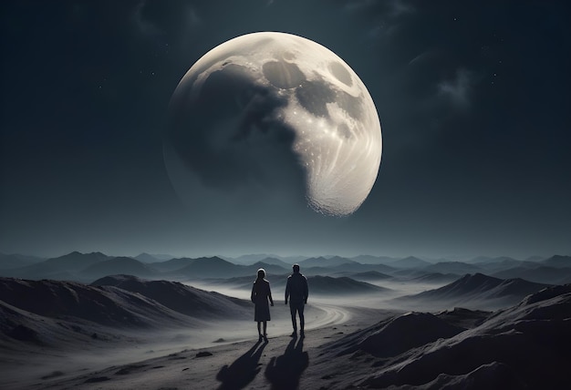 a couple standing in the desert with a full moon in the background