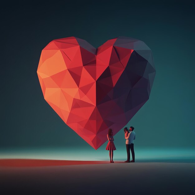 A couple standing in front of a giant red heart