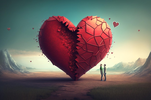 a couple standing in front of a heart with a man standing next to it.