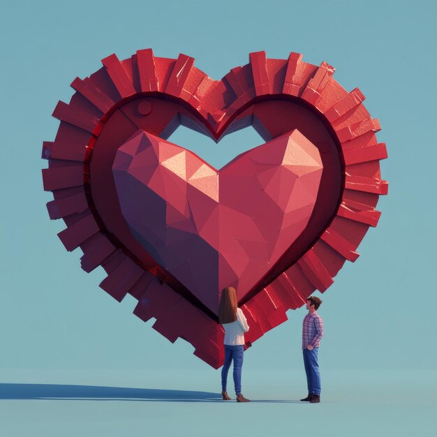 Couple standing in front of a large red polygonal heart sculpture