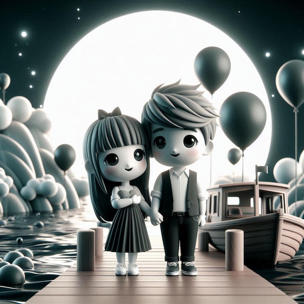 a couple standing in front of a moon with balloons in the background