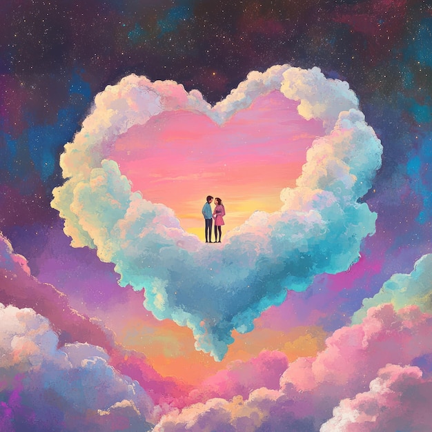 Couple standing on a heart shaped cloud in the sky