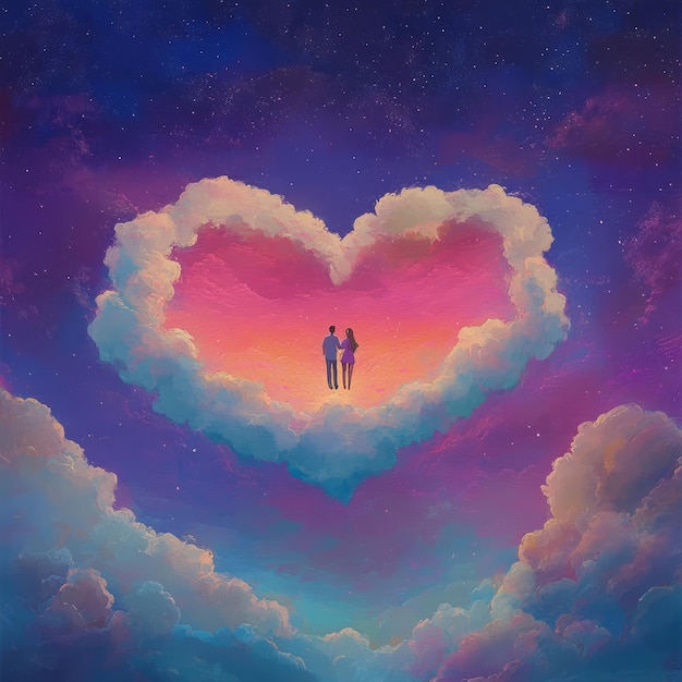 Photo couple standing in a heart shaped cloud in a starry sky