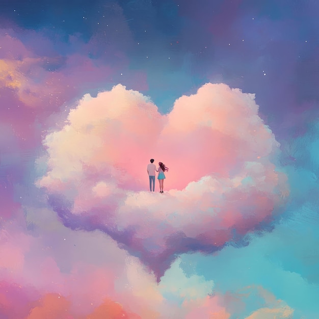 Couple standing on a heartshaped cloud in the sky