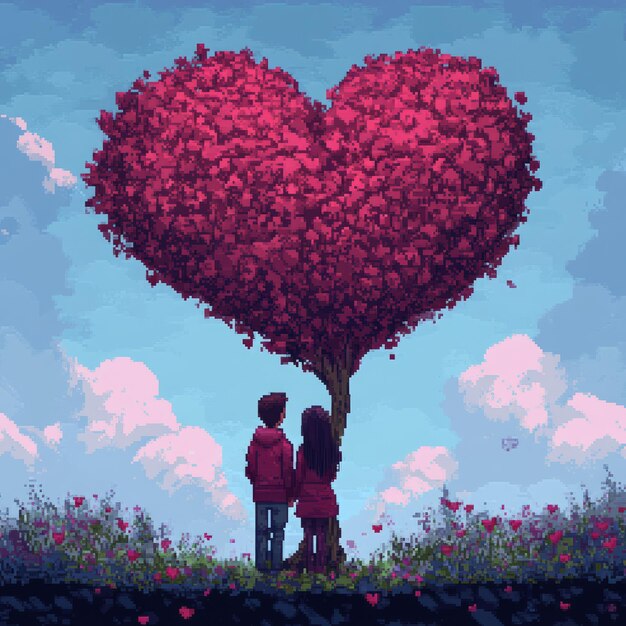 Couple standing under a heartshaped tree looking out at the horizon