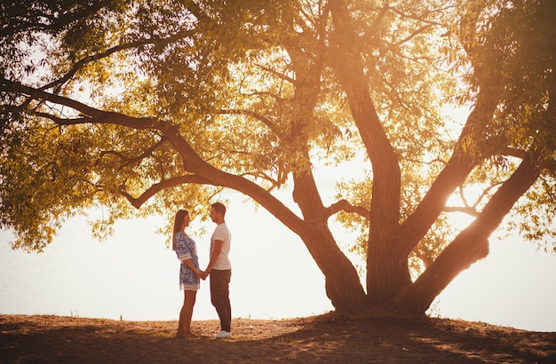 Couple standing under a large tree