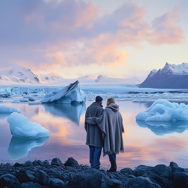 Couple Standing on the Shores of an Icelandic Glacier Lagoon